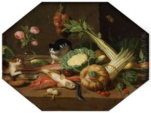 Kuchenstillleben Mit Tischen Und Zwei Katzen