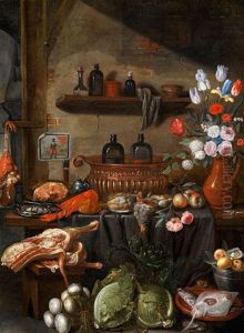 Kuchenstillleben Mit Fleischstucken, Hummer, Weinkuhler Und Blumen