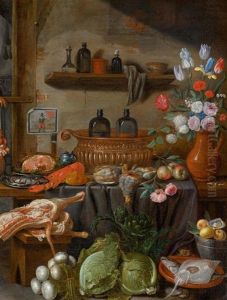 Jagdstillleben Mit Gemuse Und Blumenstrauss