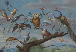 A Concert Of Birds: An Owl, Pigeon, Canary, Peacock And Other Birds On A Tree Branch