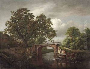 A Wooded River Landscape With A Traveller Crossing A Stone Bridge Near An Oak Tree And A Farm House