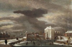A Winter Landscape With A View Of The Heiligewegpoort, Amsterdam, With Figures Skating On The Singel