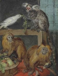 Two Orange Tamarins With A Fruit Basket And A Ring Tailed Lemur, With Fruit In An Interior
