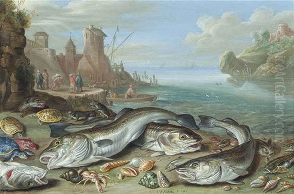 A Harbour Scene, With Fish, Crustaceans, Shells, Otters, Tortoises And Turtles On A Beach, Fishermen Beyond - view 1