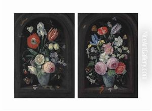 Roses, Morning-glories, A Carnation, An Iris And Other Flowers In A...; Roses, An Iris, A Carnation, A Tulip And Other Flowers In A... (pair)