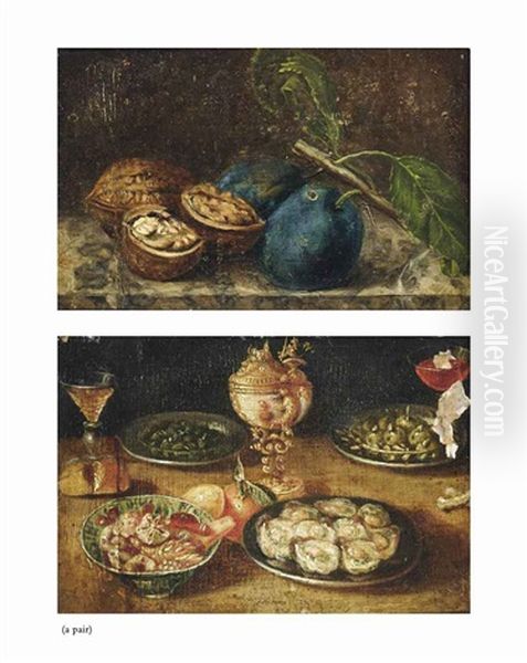 Oysters On A Charger, Figs And Other Fruit In A Porcelain Dish, A Nautilus Cup, A Facon De Venise Glass... Plums And Walnuts On A Marble Ledge (2 Works) - view 1