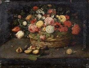 Panier De Fleurs Et Figues Sur Un Entablement
