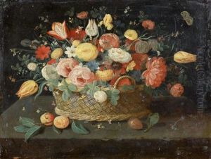 Bouquet De Fleurs Dans Un Panier Pose