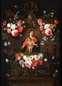 Virgen Con El Nino En Guirnalda De Flores