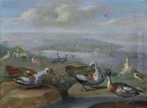 Two Egyptian Geese, A Red-brested Merganser And Other Birds On A Shore, A Town And Vessels Beyond