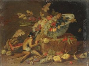 Nature Morte Aux Fruits, Coupe Blanche Et Bleue Et Singe