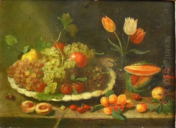 Fruchtstillleben Mit Trauben, Pfirsichen, Melone Und Tulpen - view 1