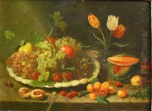 Fruchtstillleben Mit Trauben, Pfirsichen, Melone Und Tulpen