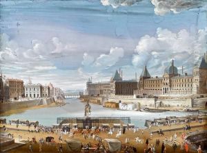 Paris Mit Der Seine - Vedute Mit Hafenbecken Und Reicher Figurenstaffage by Johann Wolfgang Baumgartner