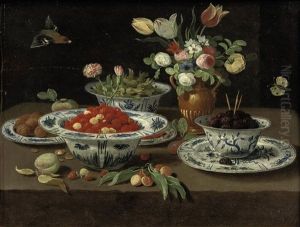 Wild Strawberries In A Chinese Kraak Porcelain Bowl, Blackberries Ina  Second Bowl Standing On A Plate, Various Flowers In A Bronze Vase...