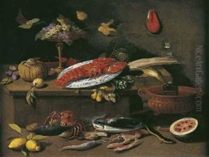 Nature Morte Aux Plat De Homard, Coupe De Raisins Et Poissons
