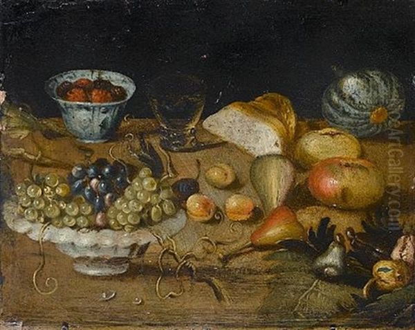 A Bowl Of Grapes With Peaches, Apples, Pears, Bread, Aroemer, And Awanli-kraakbowl With Strawberries On A Ledge - view 1