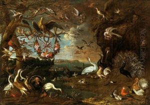Eine Allegorie Des Malteserordens Mit Einem Adler, Reihern, Truthahnen, Einem Kakadu, Einem Loffelreiher, Einem Eichelhaher Und Anderen Vogeln In Einer Landschaft