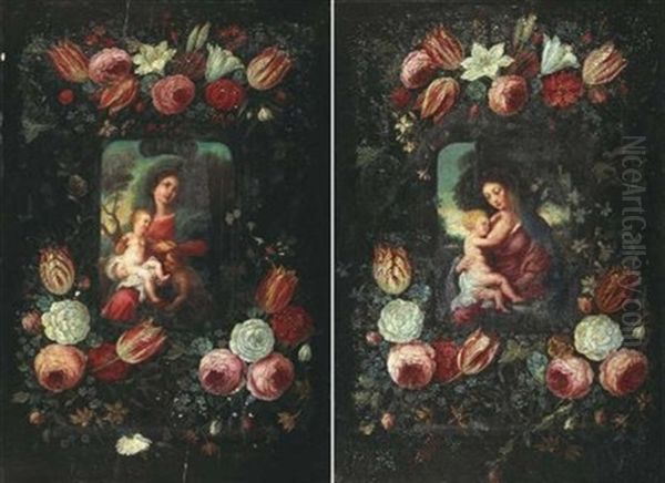 La Vierge A L'enfant Dans Une Guirlande De Fleurs (+ La Vierge A L'enfant Avec Le Petit Saint Jean-baptiste Dans Une Guirlande De Fleurs; Pair) - view 1