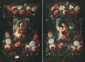 La Vierge A L'enfant Dans Une Guirlande De Fleurs (+ La Vierge A L'enfant Avec Le Petit Saint Jean-baptiste Dans Une Guirlande De Fleurs; Pair)
