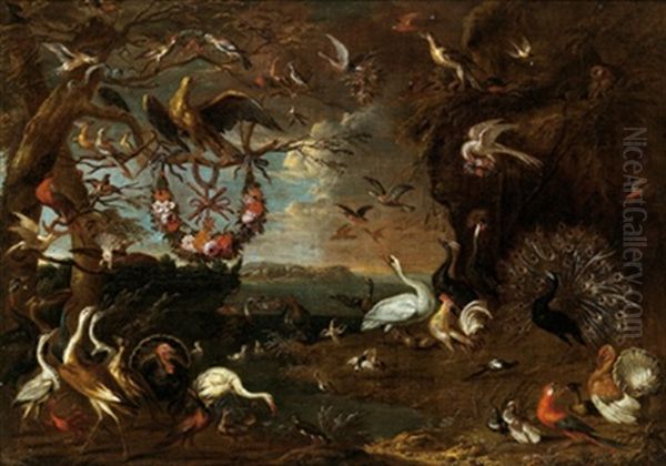 Eine Allegorie Des Malteserordens Mit Einem Adler, Reihern, Truthahnen, Einem Kakadu, Einem Loffelreiher, Einem Eichelhaher, Fasanen Und Anderem Federvieh In Einer Landschaft - view 1