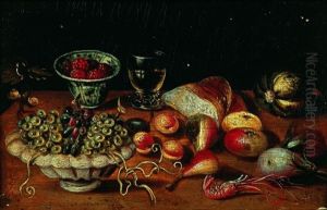 Nature Morte Aux Fruits, Crevette Et Verre De Vin Sur Un Entablement