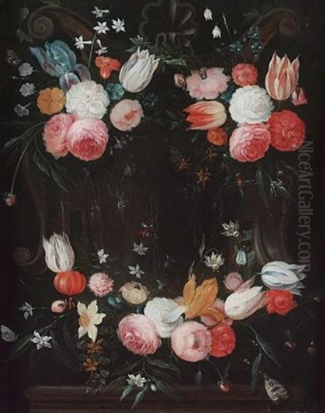 Tulips, Irises, Carnations, Roses And Other Flowers Arranged In Cartouches With Butterflies (+ Another Similar; Pair) - view 1