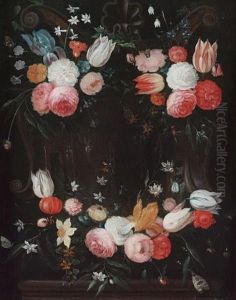 Tulips, Irises, Carnations, Roses And Other Flowers Arranged In Cartouches With Butterflies (+ Another Similar; Pair)