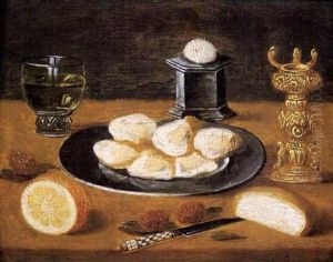 Nature Morte Aux Plat D'huitres, Verre De Vin Et Miche De Pain Sur Un Entablement