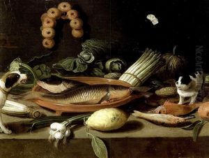 Chien, Chat, Poissons, Citron, Et Legumes Sur Une Tablette De Cuisine by Jan van, the Younger Kessel