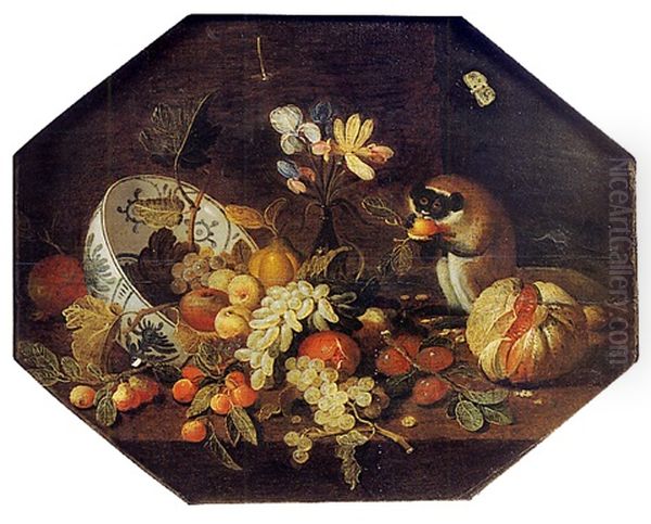 Nature Morte A La Coupe De Fruits Et Petit Singe - view 1