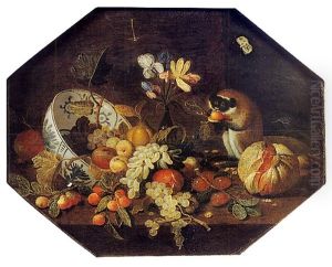 Nature Morte A La Coupe De Fruits Et Petit Singe by Jan van, the Younger Kessel