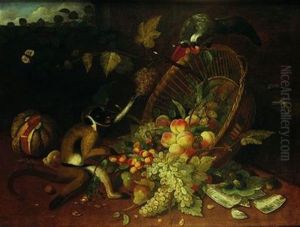 Singe Et Perroquet Bousculant Une Corbeille De Fruits