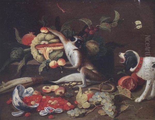 A Monkey With A Melon, An Artichoke, Peaches And A Cabbage On A Stone Ledge, An Overturned Bowl With Strawberries, Grapes And Celery, A Dog Nearby - view 1
