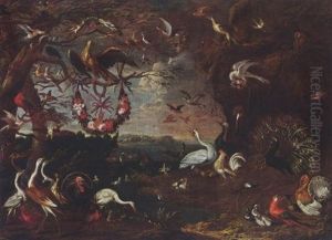An Allegory Of The Knights Of Malta With An Eagle, Herons, Turkeys, A Cockatoo, And Other Birds In A Landscape by Jan van, the Younger Kessel