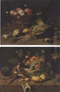 Two Guinea Pigs Amongst Cabbagges, Asparagus, A Lemon And Other Fruit And Vegetables Beside A Rock With A Dish Filled With Roses