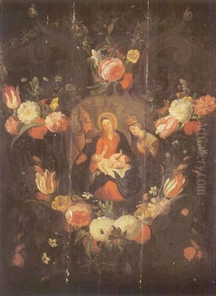 Vierge A L'enfant Entre Saint Gregoire Et Sainte Catherine Dans Une Guirlande De Fleurs - view 1