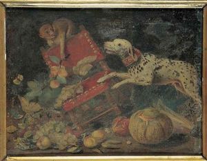 Un Singe Narguant Un Chien Dans Un Interieur by Jan van, the Younger Kessel