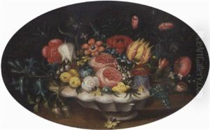 Tulips And Roses In A Vase On A Table by Jan van, the Younger Kessel