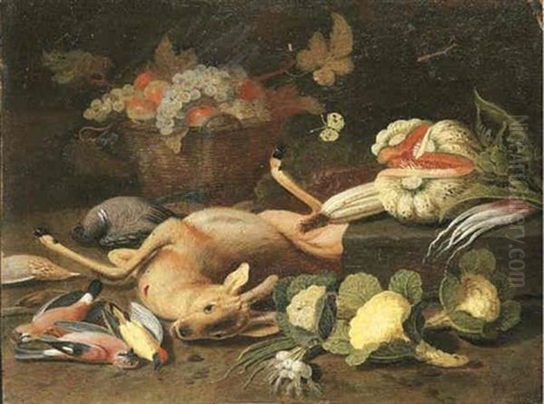 Still Life With A Fawn, A Pigeon, Jays, A Woodpecker, A Thrush, Cabbages, Onions, An Artichoke, A Melon, A Basket With Grapes And Apples, And A Butterfly - view 1