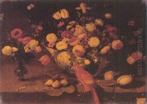 Nature Morte A La Coupe De Fleurs Et Au Perroquet by Jan van, the Younger Kessel
