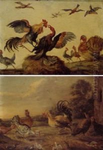 Combats De Coqs Sur Une Meule De Paille by Jan van, the Younger Kessel