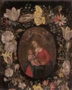 The Virgin And Child Set In A Feigned Cartouche Of Tulips, Roses And Other Flowers