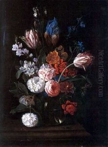 Nature Morte Au Bouquet De Fleurs Sur Un Entablement