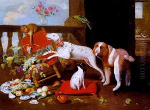 Drei Hunde, Ein Affchen Und Ein Papagei Auf Einer Schlosterasse by Jan van, the Younger Kessel