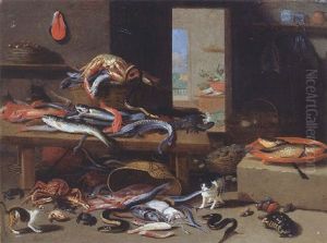 Cats Chasing Eel, Octopus, Crab Falling From An Upturned Basket, With A Crayfish, Sturgeon And Other Fish On A Table Nearby, In A Larder
