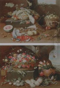 Still Life Of Fruits In A Basket, With A Dog Surprising A Monkey Stealing Grapes by Jan van, the Younger Kessel