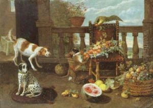 A Dog Surprising A Monkey Overturning A Bowl Of Fruit With Another Dog And A Parrot On A Terrace by Jan van, the Younger Kessel