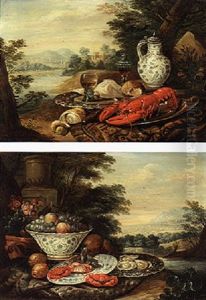 Still Life With Bread, Glasses, A  Wanli Kraak Porselein Pitcher, A Pewter Plate And Other Objects In A River Landscape