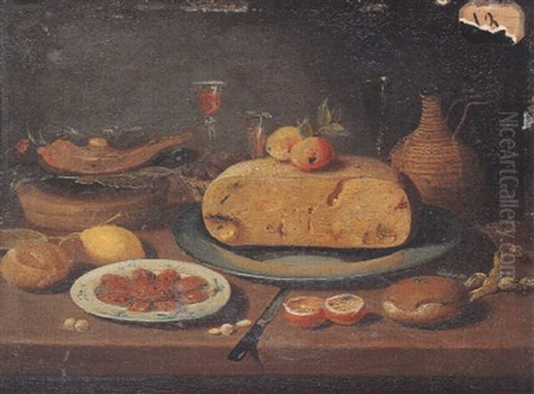 Nature Morte Au Plat De Fromage, Orange Et Citron Sur Un Entablement - view 1